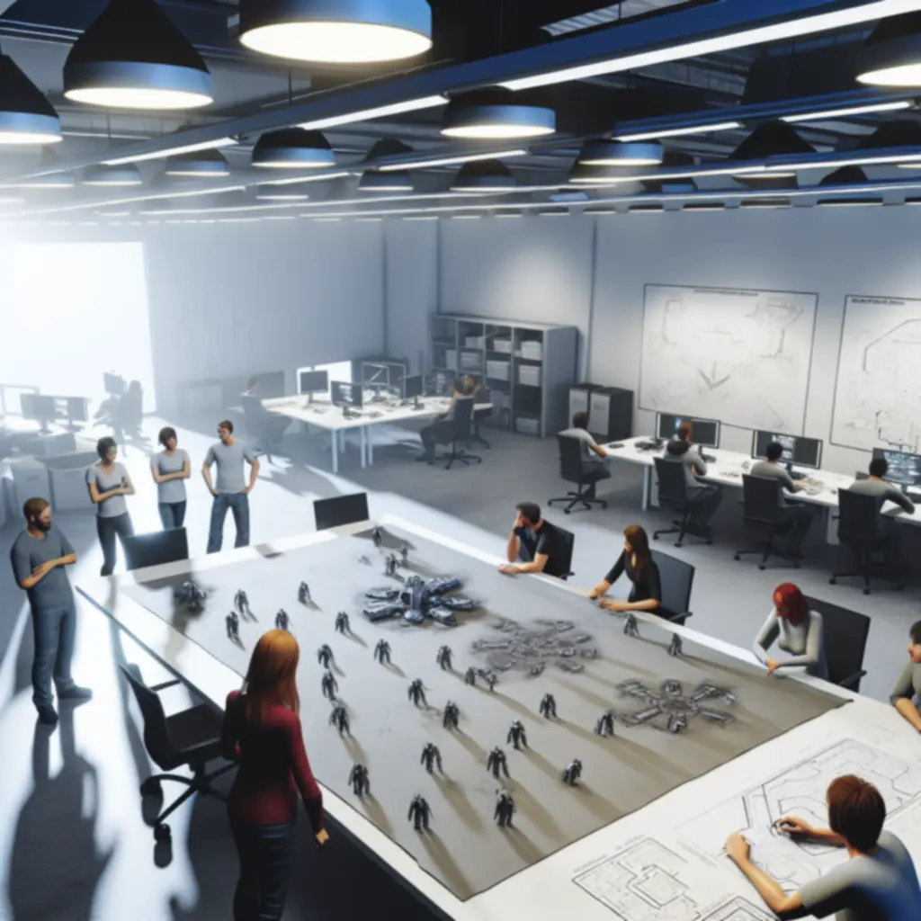 Twórcy gry omawiają schematy jednostek i mapę na tablicy