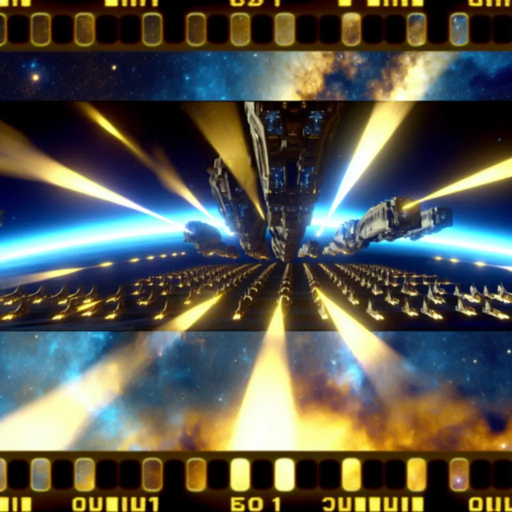 Kadr z kampanii Legacy of the Void z flotą Protossów i promieniami Prismatic Alignment