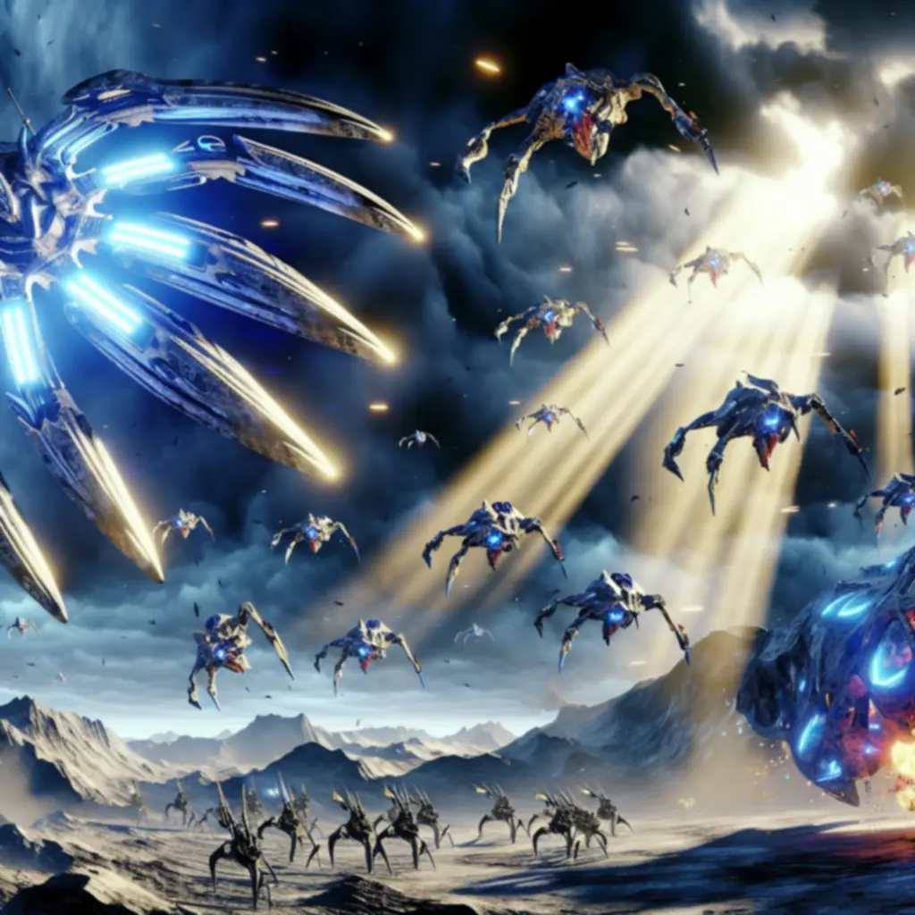 Epicka scena bitewna StarCraft z flotą Protoss i zergami
