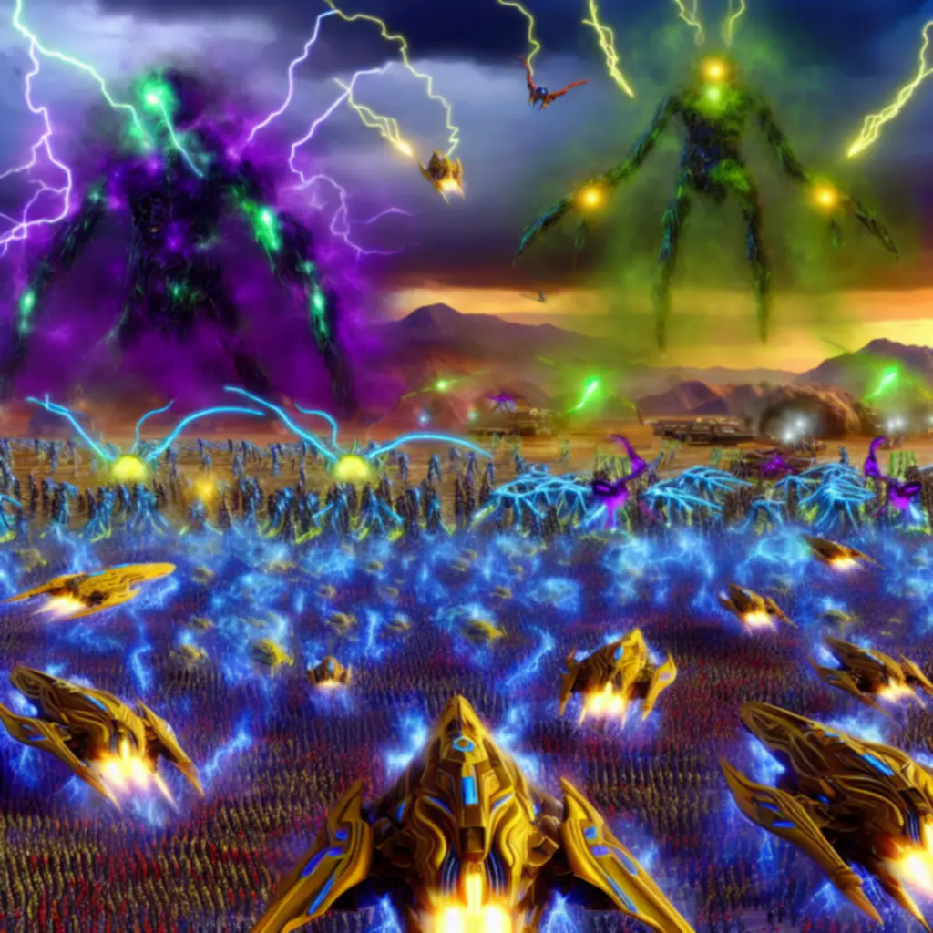 Wielkoskalowa bitwa w uniwersum StarCraft z flotą Protossów i armią Zergów
