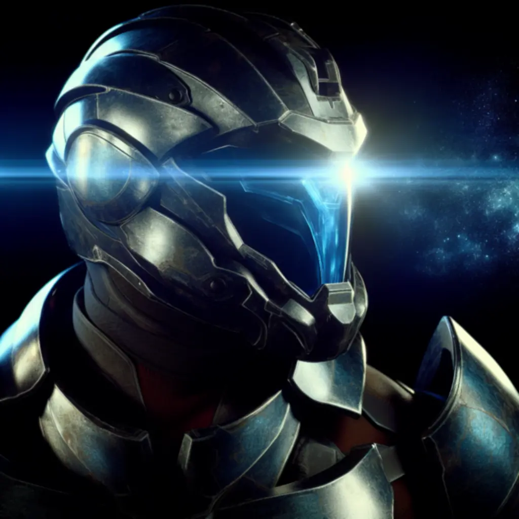 Zbliżenie bohatera w hełmie z odbitym światłem gwiazd