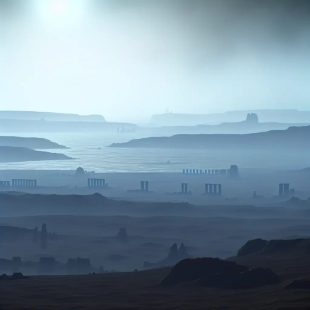 Powierzchnia planety z mglistym horyzontem i ruinami