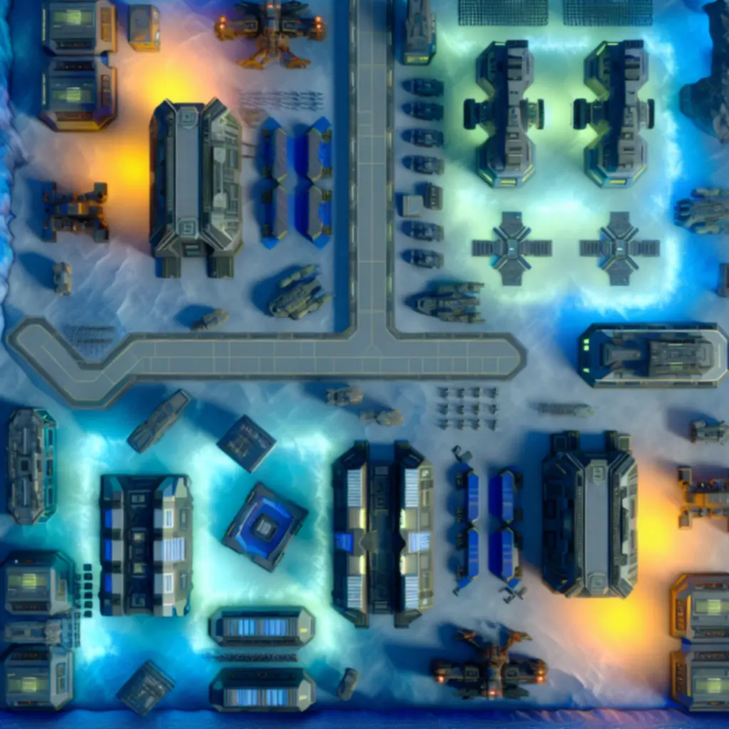 Baza Terranów oświetlona neonową poświatą, widok z góry