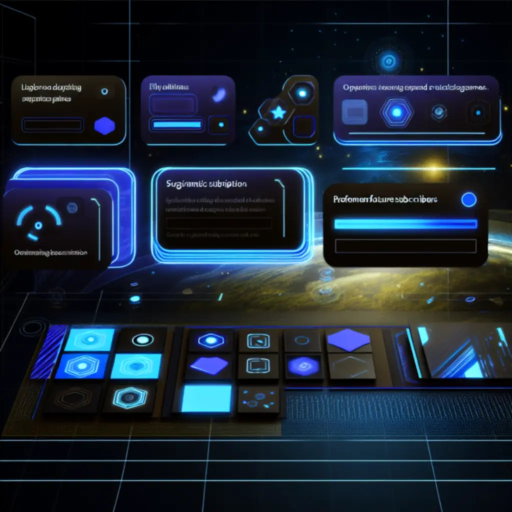 Futurystyczny interfejs PLStarcraft prezentujący korzyści subskrypcji