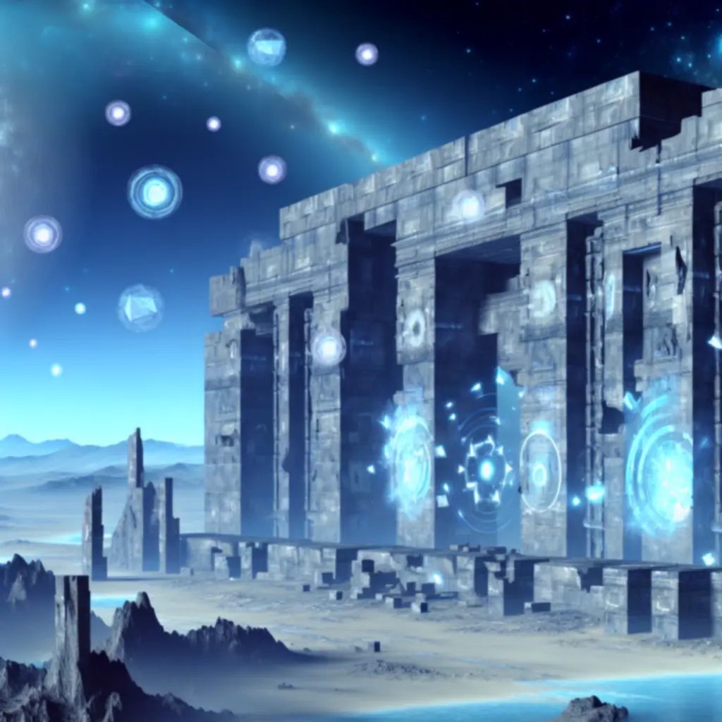 Starożytne ruiny protossów oświetlone niebieską poświatą